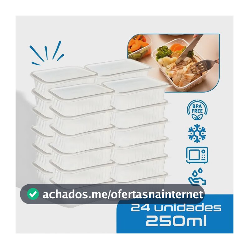 24 Marmitas 250ml Comida Fitness Pote Descartável Retangular Plástico Freezer Microondas Com Tampas - Montza