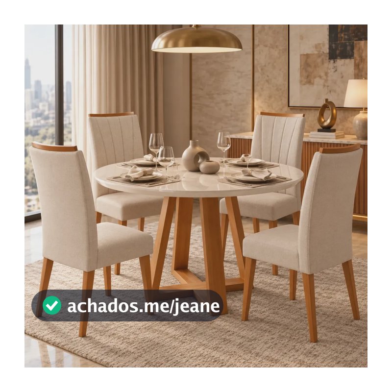 Jogo de Jantar Redonda Off White Brilhante com 4 Cadeiras Safira Linho Bronze