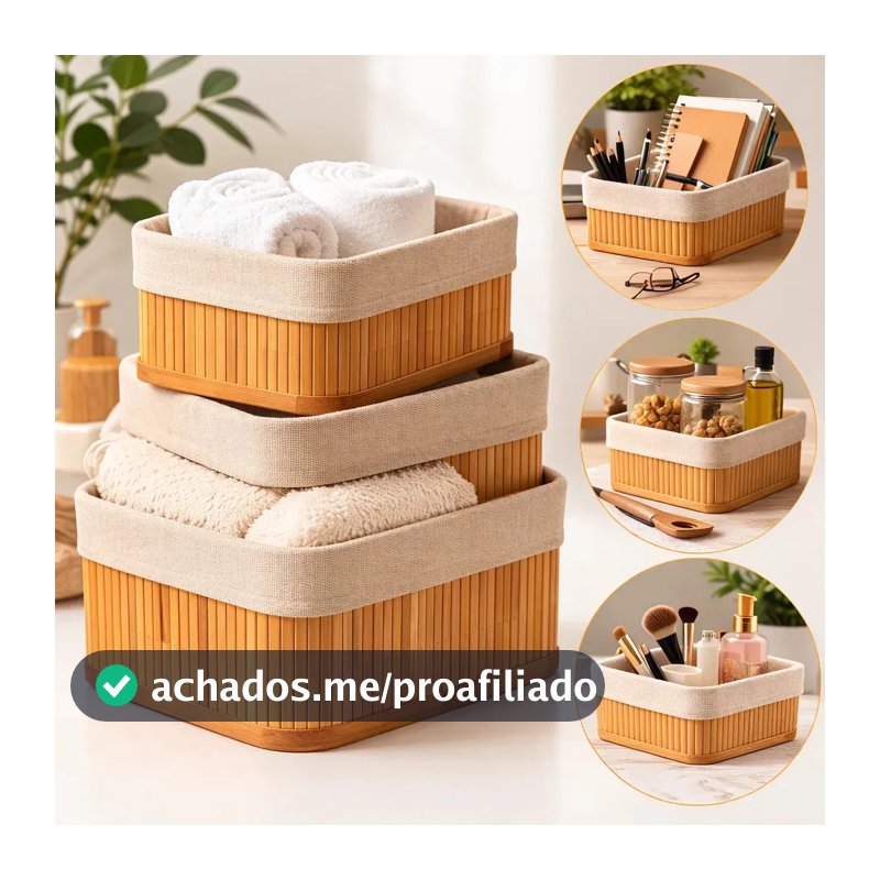 Kit 3 Cestos Organizadores de Bambu Retangulares com Forro Lavável Multiuso Organizar Casa Banheiro Cozinha Guarda-Roupa Lavanderia Armazenamento de Objetos - Nany Pink