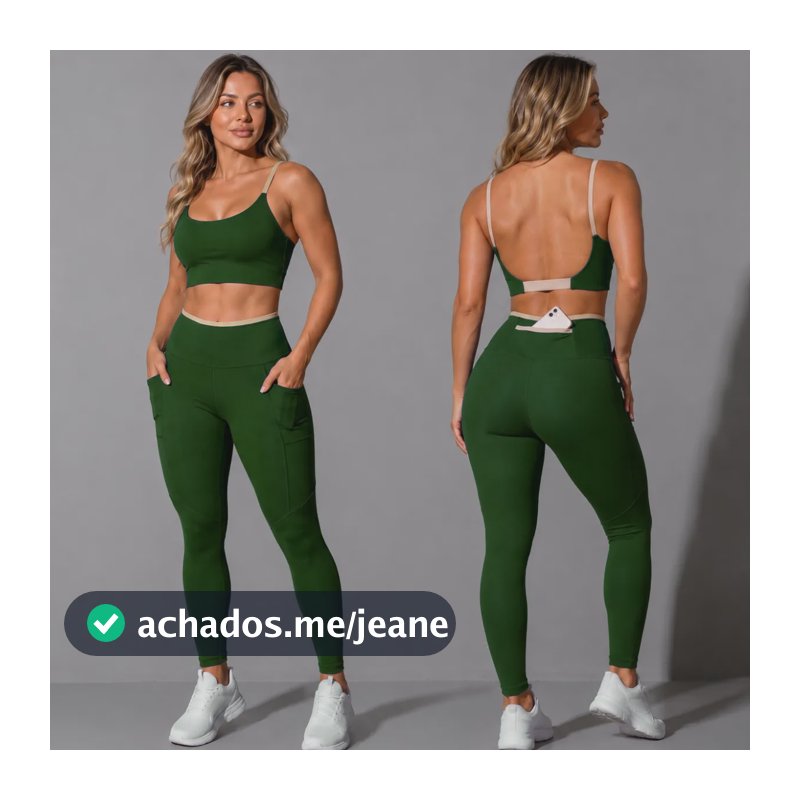 Conjunto Academia Top Calça Legging Fitness Roupa Kit Bolso Verde/areia Liso G 40/42