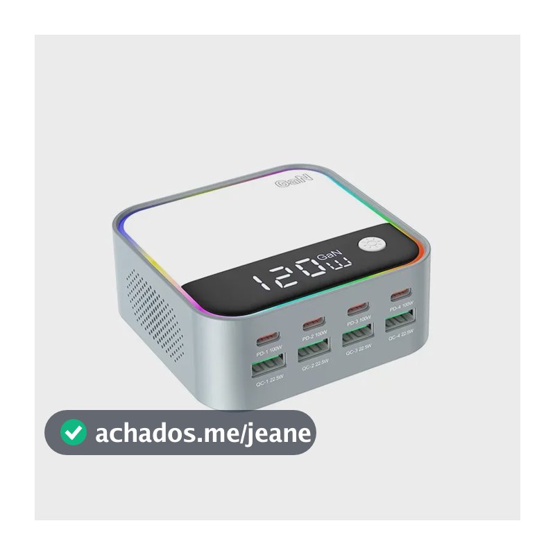 Carregador USB GAN M8-127V de 8 Portas com USB-C e Iluminação RGB, para iOS, Windows e macOS