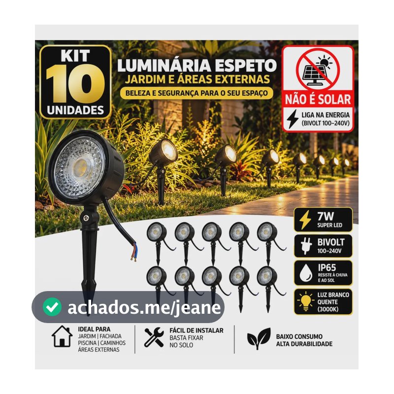 Kit 10 Luminária Espeto Jardim Super Led 7w Ip65 Prova Dágua 127/220v Preto /refletor Espeto Jardim Super Led 7 Branco Quente W Prova Dágua Branco-quente