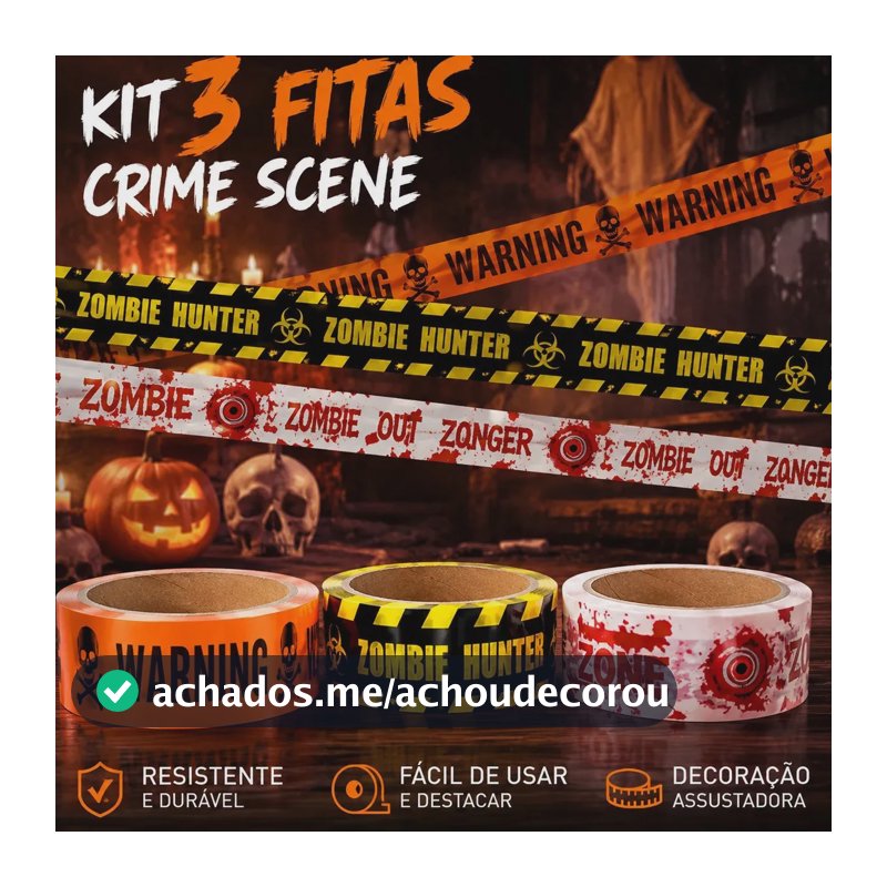 Kit Com 3 Fitas Decorativas Warning para Halloween Decoração Sambalelê