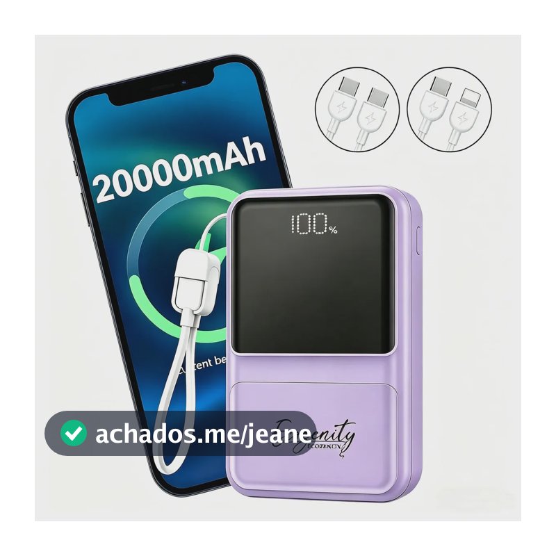 Power Bank 20000mAh Com 2 Cabos Integrados, Carga Turbo e LED Indicador