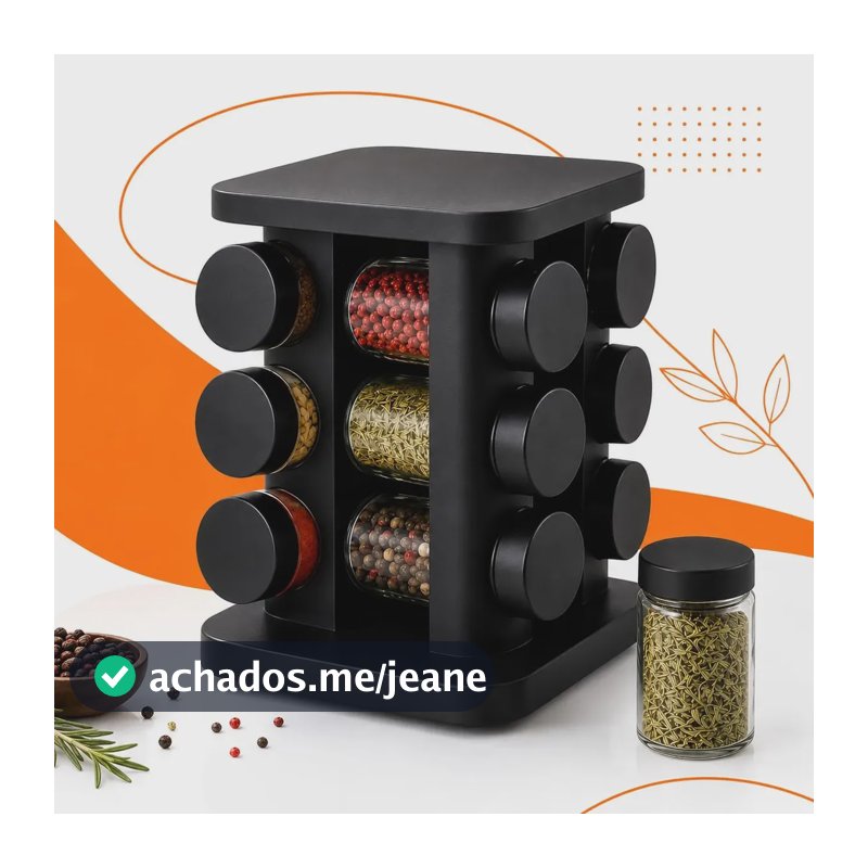 Porta-Temperos Giratório Hold On com 12 Potes de Vidro de 85ml