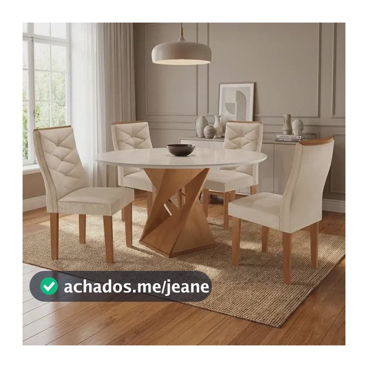 Conjunto Mesa Redonda Com 4 Cadeiras Tampo Mdf Barcelona Wt Cinamomo/off White/suede Pena Suede Pena