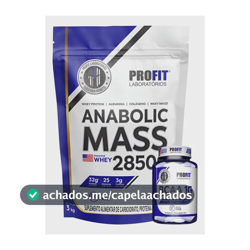 Kit Anabolic Mass C/ Whey 28500 + Bcaa 1g Profit Aminoácidos Morango 3kg | Bcaa 60 Tabletes