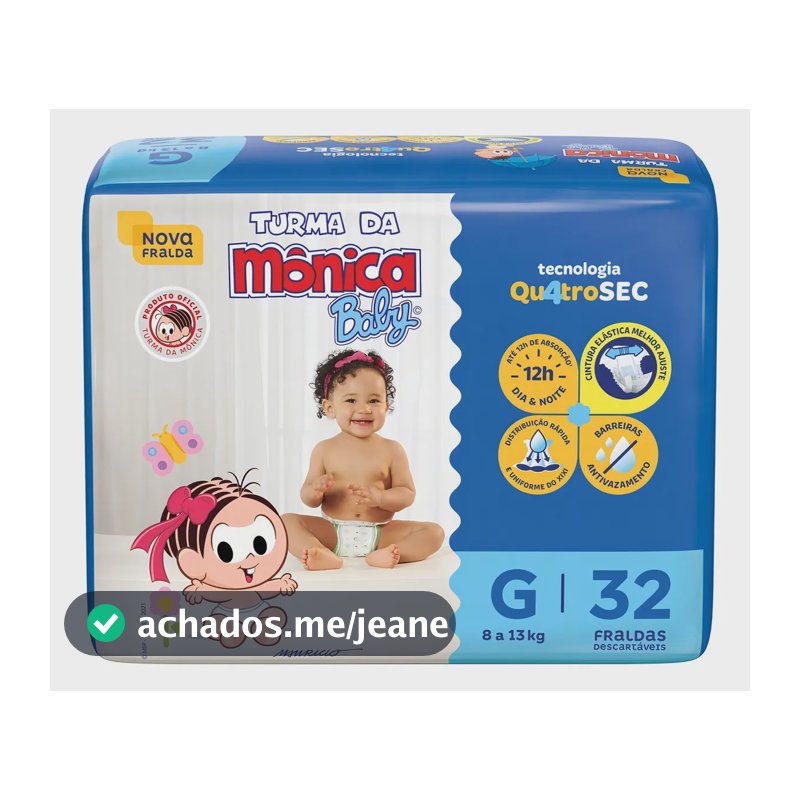 Fralda Descartável Infantil Turma da Mônica Baby G Pacote 32 Unidades