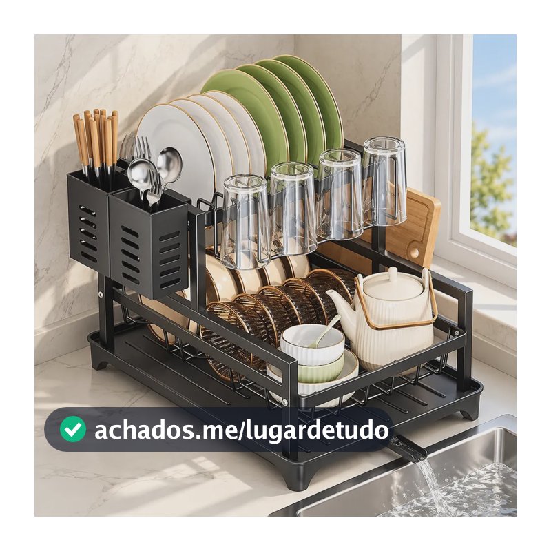 Escorredor De Louças Rack Aço Carbono Para Bancada Com Bandeja Porta-talheres E Bico De Escoamento