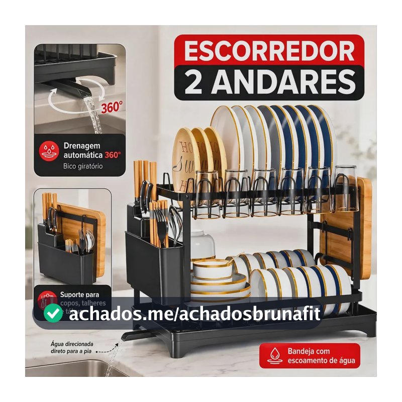 Escorredor Organizador de Louça Inoxidável de 2 Andares Porta Copos e Porta Talheres e Porta Pratos e Tigelas com Drenagem Automática 360° e Bandeja Grande para Bancada e Pia VYROX