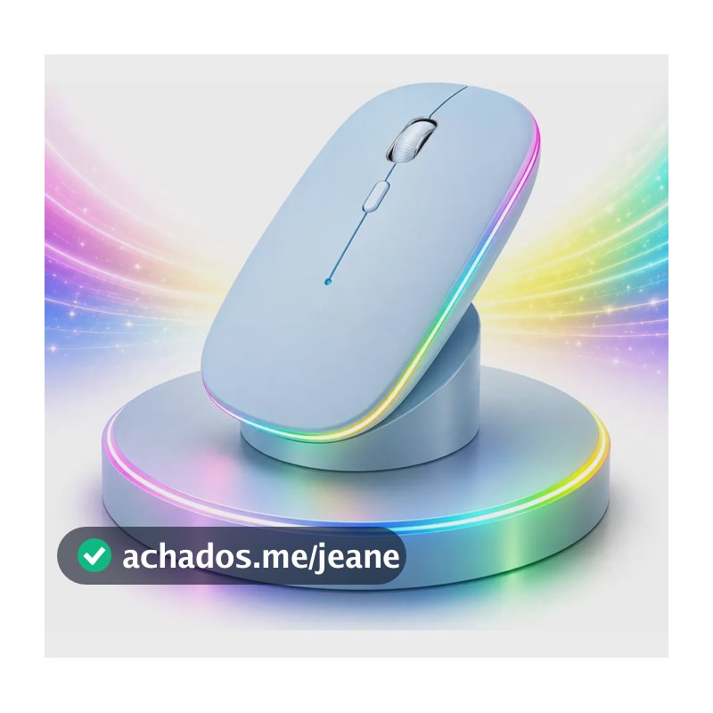 Mouse Sem Fio Recarregavel Rgb Usb Adaptador Ergonômico Azul Celeste