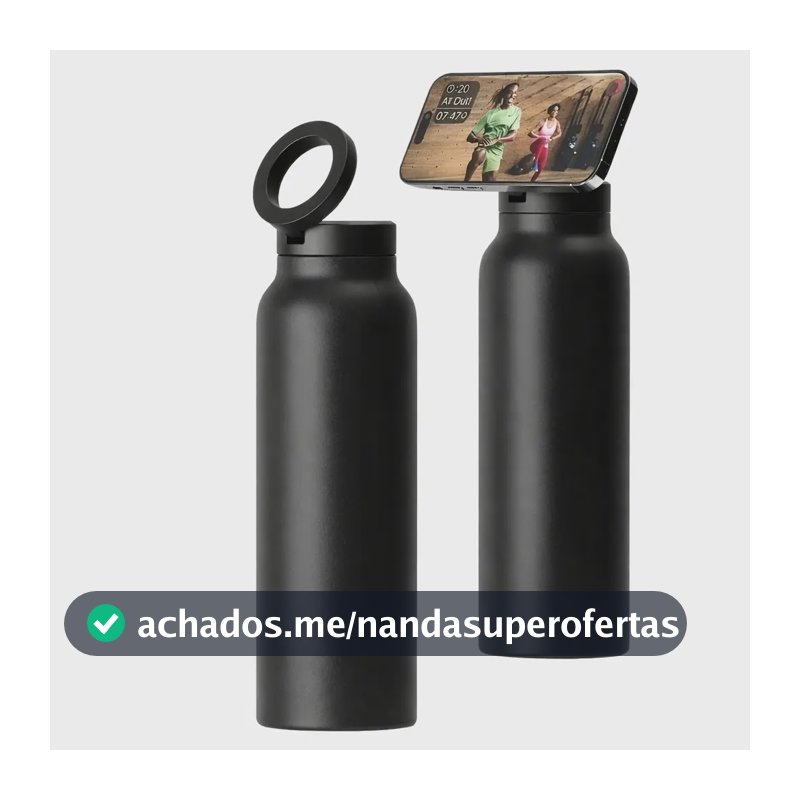 Garrafa Térmica Magnética 710ml Suporte Tripé Celular Compatível Com Magsafe Resistente Academia Vlog Treino Dança - Preto