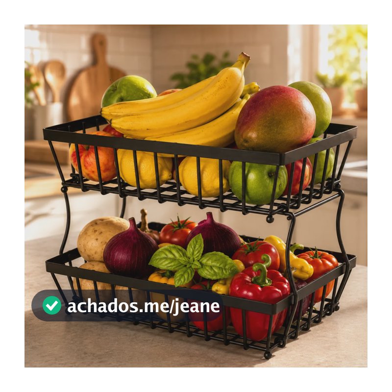 Fruteira Metálica De Mesa 2 Andares Organizador Frutas Preta Preto
