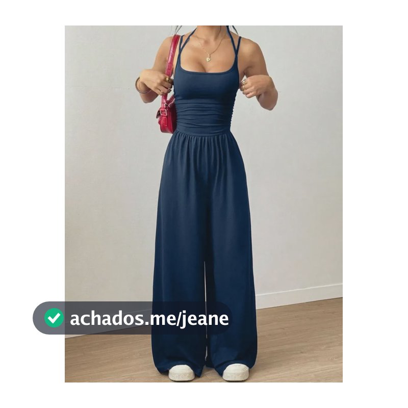 Macacão Feminino Pantalona Alças Dupla Drapeado Casual Azul-marinho Único