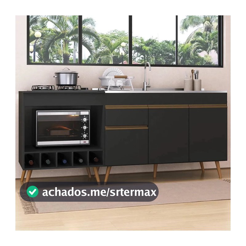 Kit Balcão de Cozinha para Pia e Balcão para Cooktop/Forno 190cm Veneza Multimóveis MP2384 Preto/Dourado