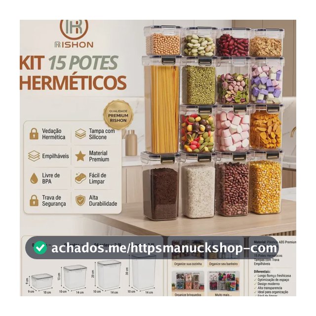 Kit 15 Potes Hermético Cadencia Mantimentos Retangular Cozinha Branco Rishon 22,4 Litros