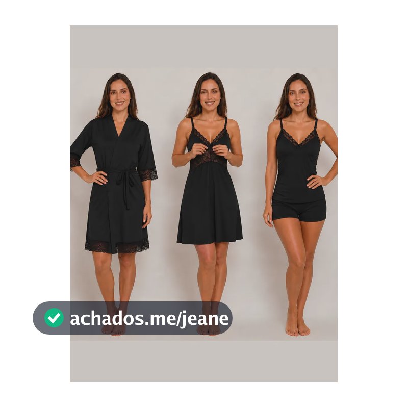 Kit Maternidade 3 Peças: Robe + Camisola + Doll Amamentação Preto Liso M