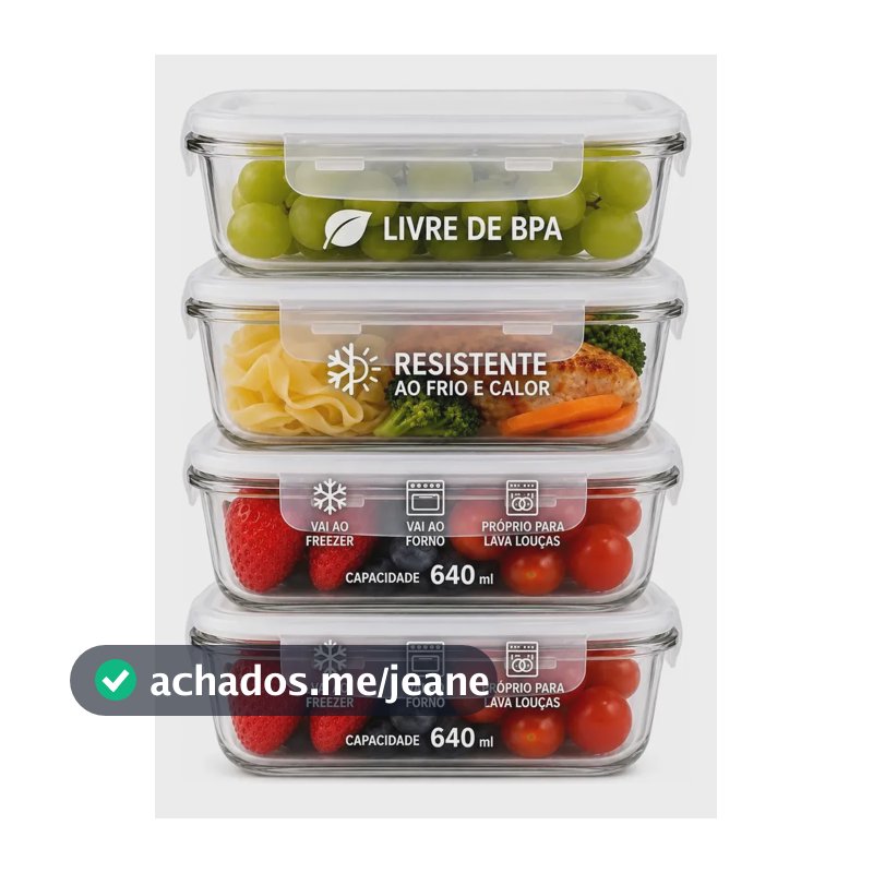 Kit 4 Potes Vidro 640ml Hermético Marmita Forno Refratário Transparente