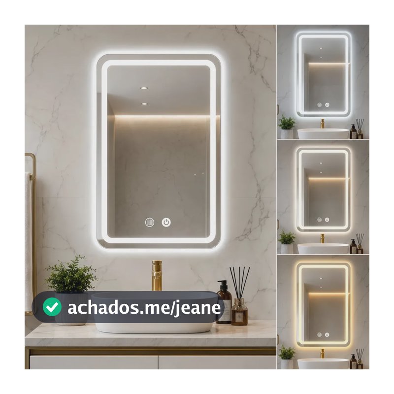 Espelho Retangular de Parede LED Touch 40x60cm, Com 3 Cores de Luz e Antiembaçante
