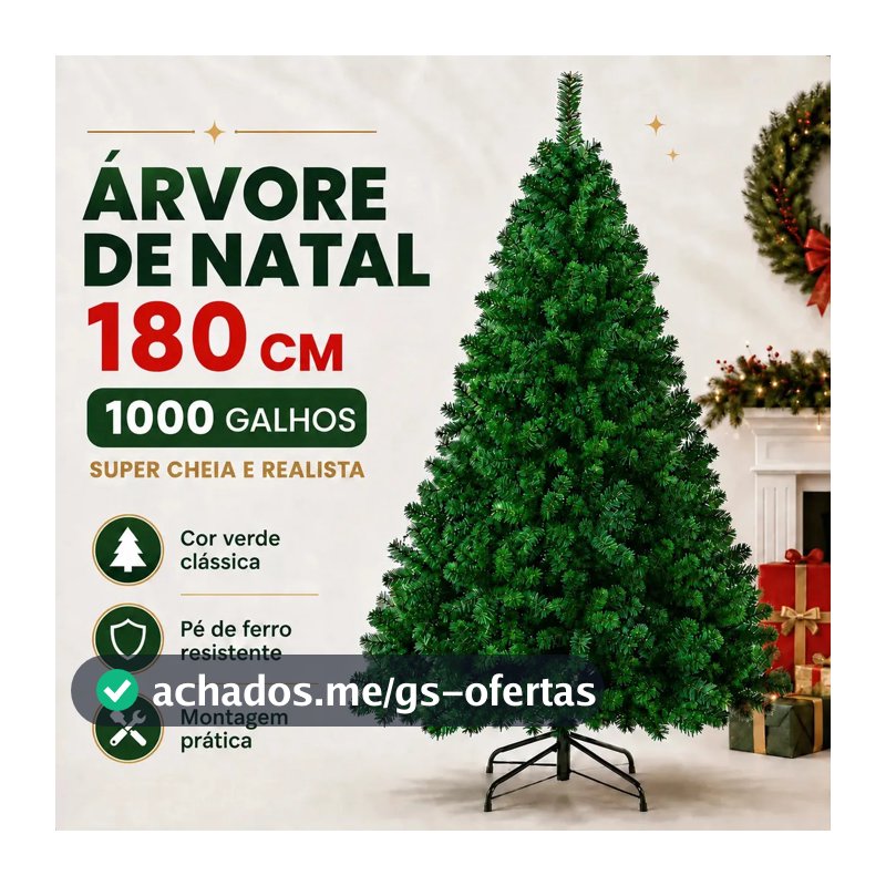 Árvore de Natal Verde Premium 180 cm com 1000 Galhos Cheios e Pé de Ferro Atelier Enovelada