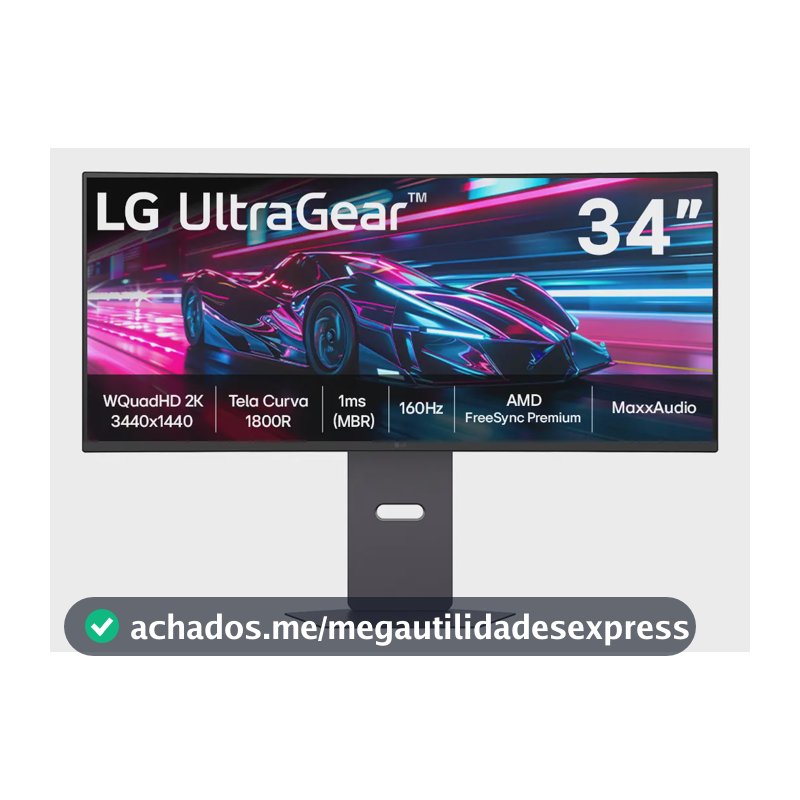Monitor Gamer LG UltraGear Curvo 34"- QuadHD 2K, UltraWide 1800R, 160Hz, 1ms (MBR), AMD FreeSync Premium, HDR10, MaxxAudio, Preto -34G600A