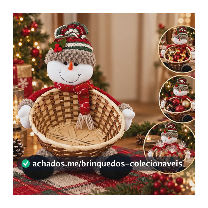 Cesto De Natal Boneco De Neve Pelúcia Decorativo Luxo 27cm Vermelha E Branca Não Informado