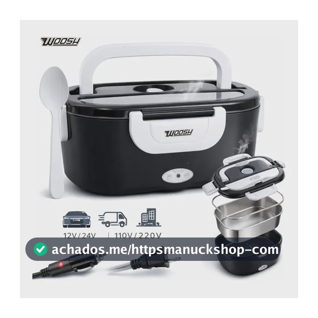 Marmita Elétrica Preta Bivolt Portátil Doméstica 110/220v Veicular 12/24v Lancheira 1.5l Com Divisórias Esquenta Rápido Refeições Práticas Trabalho Casa Carro Caminhão Viagem Faculdade Woosh