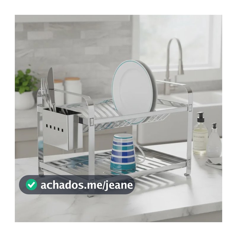 Escorredor Secador De Pratos Aço Inox Mak Inox P/16 Pratos Com Porta Talheres Inox