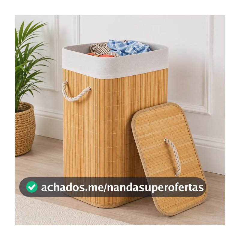 Cesto Organizador Bambu Com Alças 50 Litros Tampa Grande Bambu