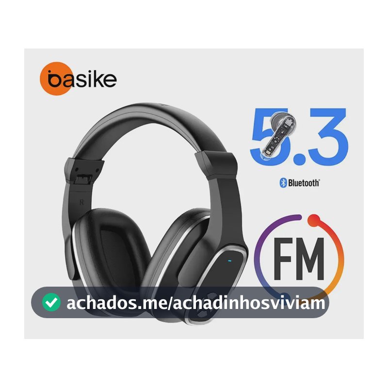 Fone de Ouvido Basike Headphone Bluetooth 5.3 Over-Ear, Sem Fio Com Rádio FM e Microfone