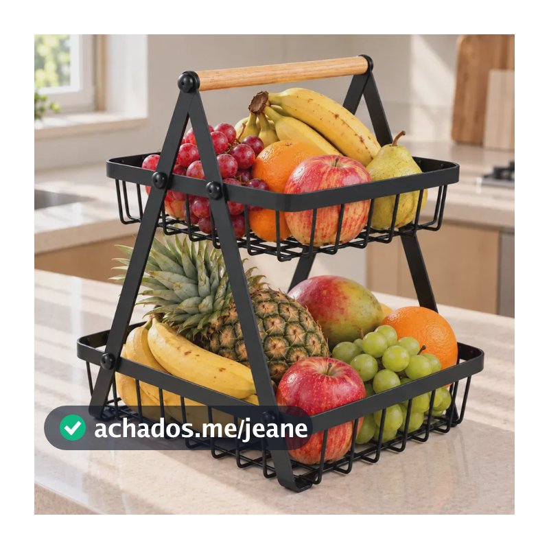 Vittak Fruteira De Mesa Dupla Cesto Aramado Metal Organizador Frutas Legumes 2 Andares Cor Preto