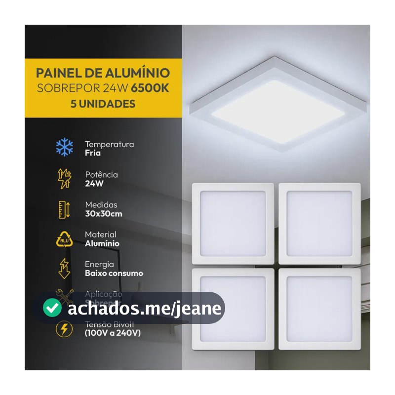 Kit 5 Painel Led Plafon Aluminio Sobrepor 24w 6500K Branco Frio 29x29cm Quadrado Cod: ALUT002010-5 Alut By Avant