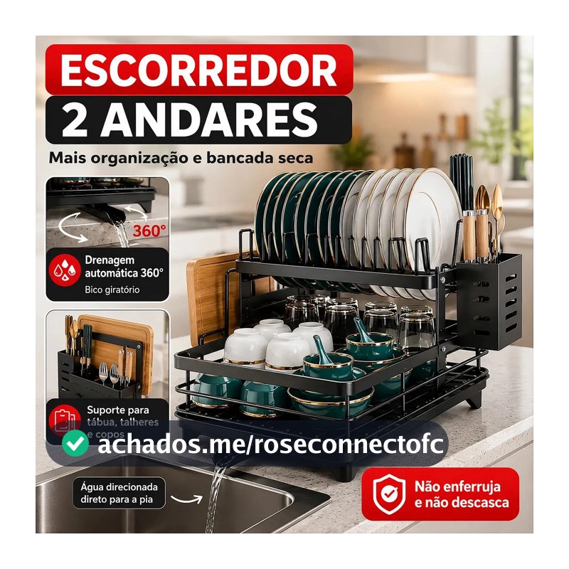 Escorredor De Louça Inoxidável 2 Andares Drenagem Automática Bandeja Grande 360o Organizador Pia Com Porta Talheres Tigelas Pratos