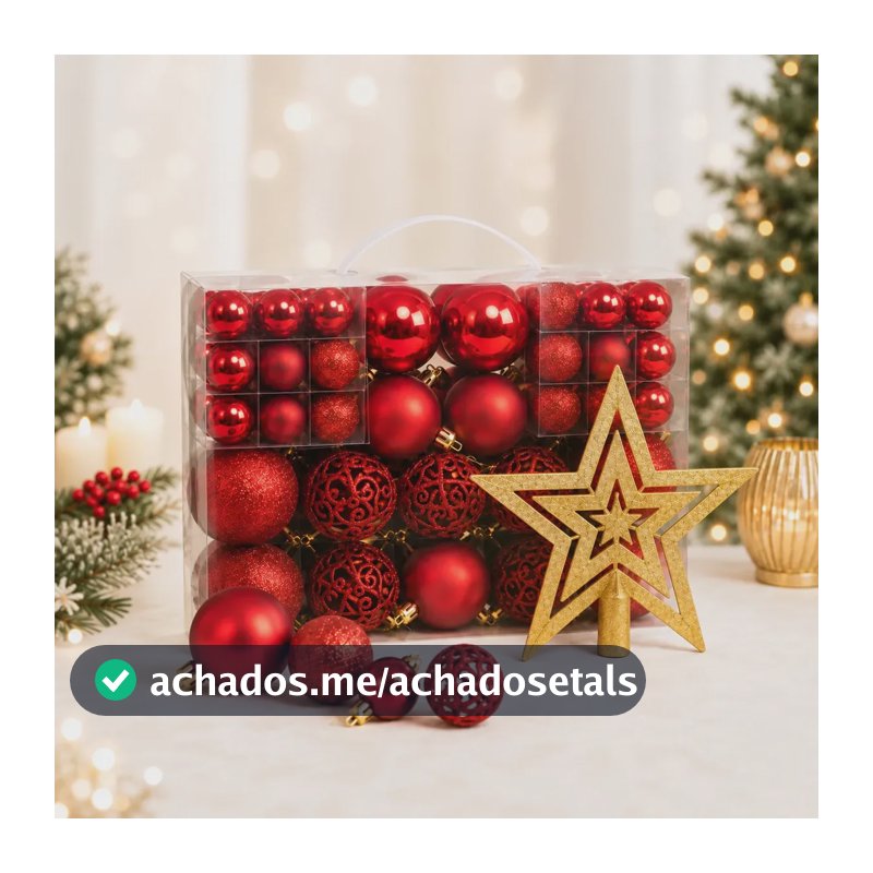 Kit Maleta 50 Bolas Pendentes + Estrela Ponteira Para Árvore De Natal Decoração Natalina Premium - Vermelha
