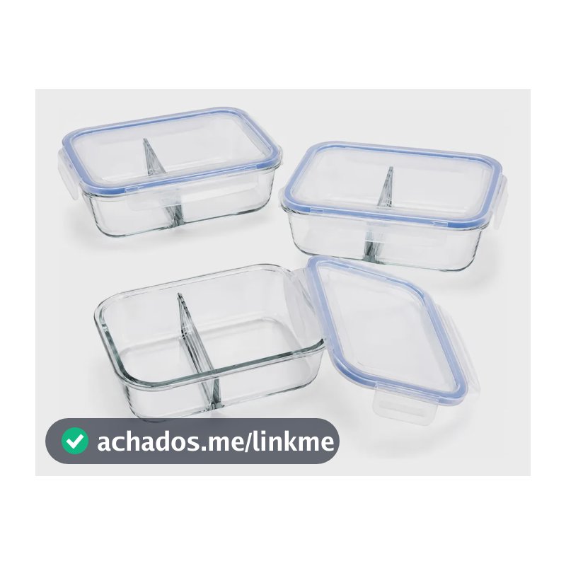 Conjunto 3 Potes Hermético Vidro C/ Divisória Marmita 640ml Transparente