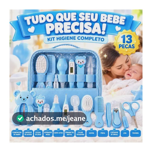 Kit Higiene Cuidados Bebê Azul Recém Nascido Completo 13 Peças Bolsa Maternidade Termômetro Digital Aspirador Nasal Escova Pente Cortador De Unha Azul Menino Chá De Bebê Presente Louis Riel Acustico
