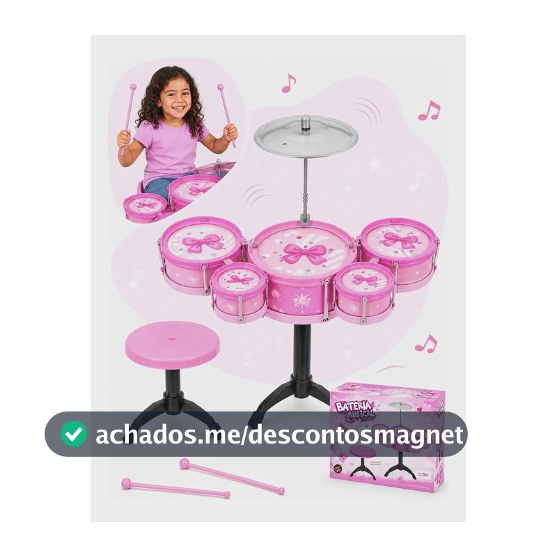 Mini Bateria Infantil Completa Com Banquinho Instrumento 5 Tambores Brinquedo Menino Criança Kizumba Cor Rosa