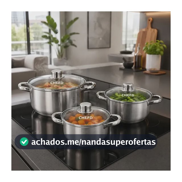 Jogo de Panelas Chef D Aço Inox 6 Peças 3 Caçarolas 3 Tampas de Vidro Fundo Triplo Fogão Indução Gás Elétrico Saudável Sem BPA Atóxico