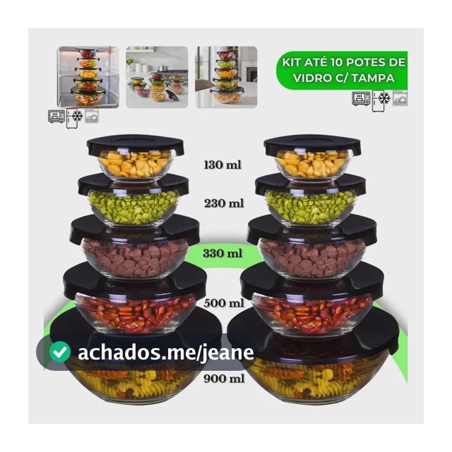 Kit 10 Potes De Vidro Hermético Com Tampa Tigela Redondo Freezer Micro-ondas Marmita Ideal para Alimentos e Refeições VYROX