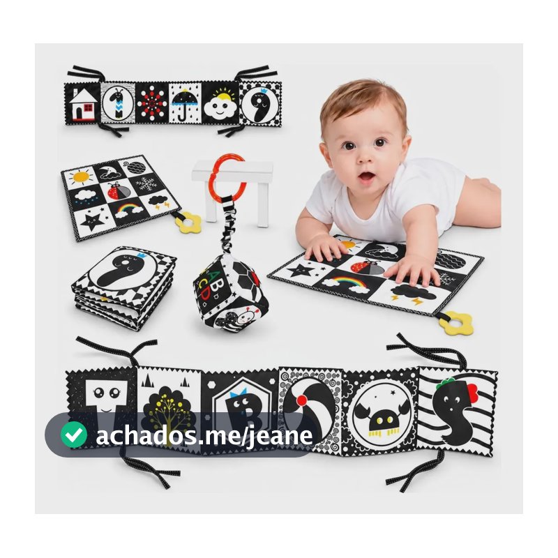 Kit 3 Brinquedos Sensoriais Bebê Alto Contraste Pretobranco Preto E Branco Com Detalhes Coloridos