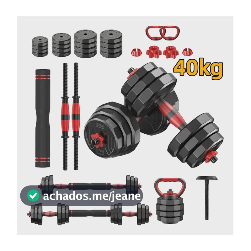 Kit Halteres Anilhas Ajustável 40kg Kettlebell Barbell Preto