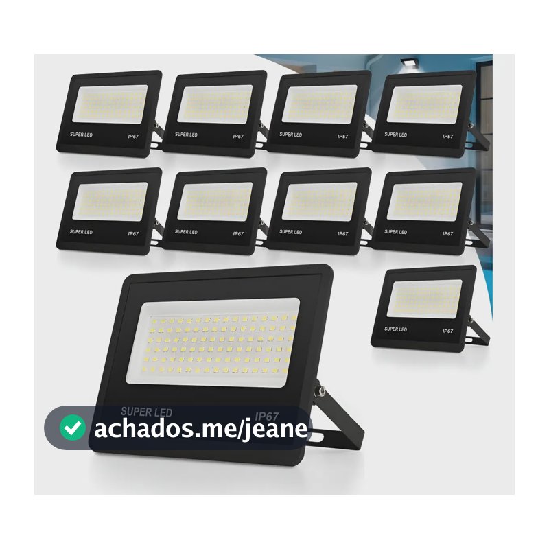 Kit 10 Refletor Led 300w Holofote Bivolt Ip67 Externas 6500k 127/220v Preto Branco-frio