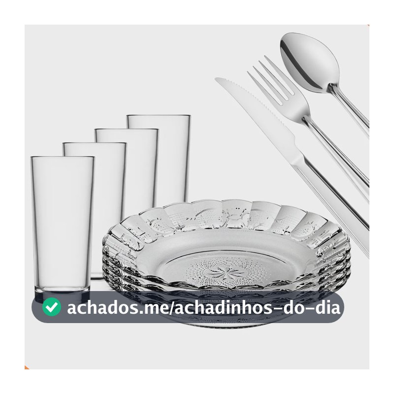 Aparelho De Jantar 20 Peças - Pratos + Copos + Talheres Inox Transparente