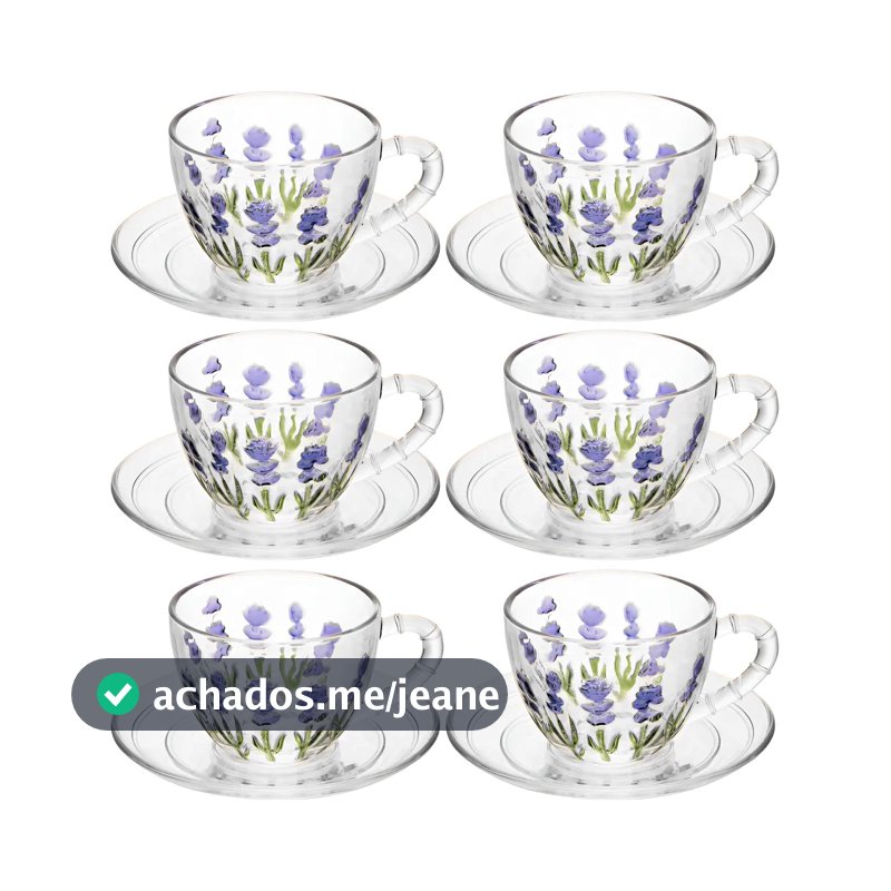 Kit 6 Xícaras 80ml Lavanda Cristal Hand Painting Mesa Posta Transparente Lavanda