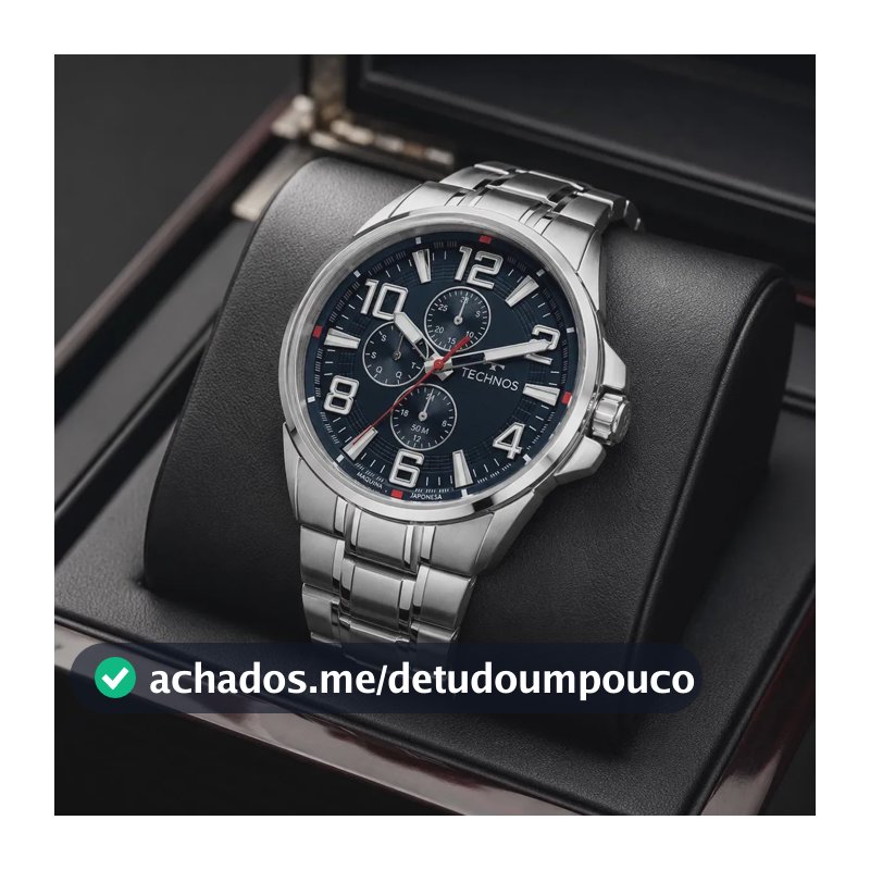 Relógio Technos Masculino 6P27DUT/1A 45 Milímetros Aço Inoxidável Prata Com Fundo Azul Multifunção com Calendário Prova D´Agua 50m