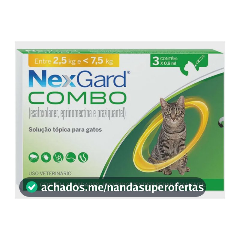 Nexgard Combo Original Gatos Antipulgas Vermes 2,5 A 7,5 Kg 3 Pipetas Cor Amarelo
