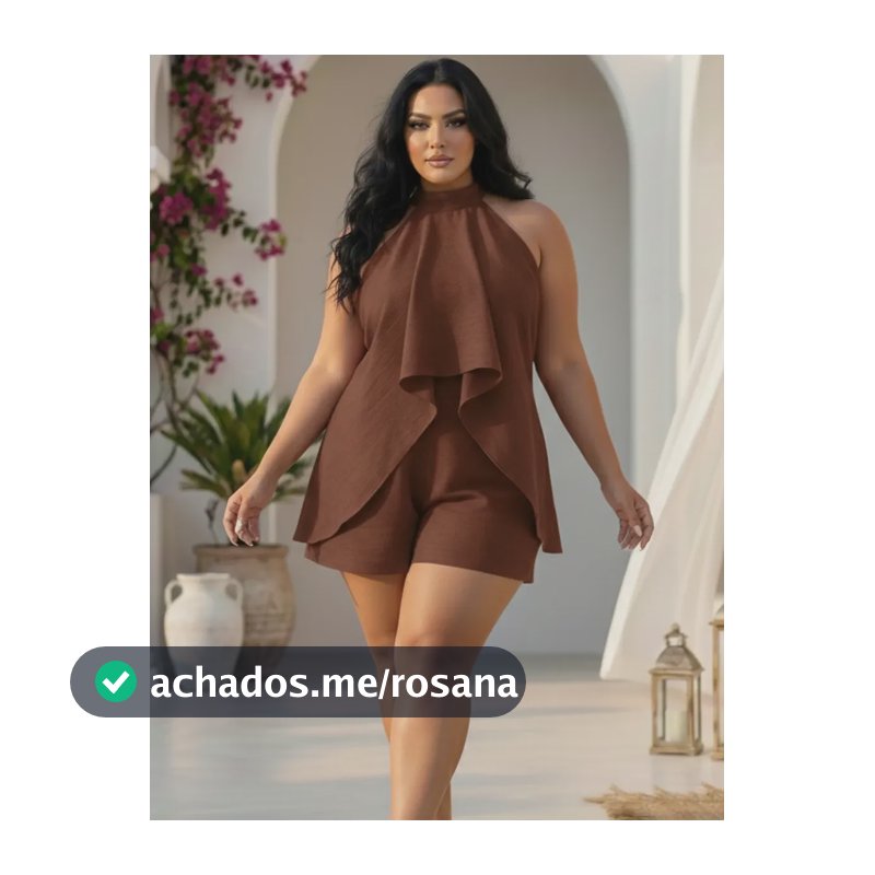 Macacão Plus Size Babado Frente Única Costas Aberta Marrom G1