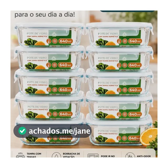 Kit 10 Pote De Vidro Marmita Hermetico 640ml Freezer Fitness Forno Micro-ondas Airfryer Com 4 Travas de Super Vedação Borossilicato Conjunto Organizador de Cozinha Geladeira Anti Vazamento