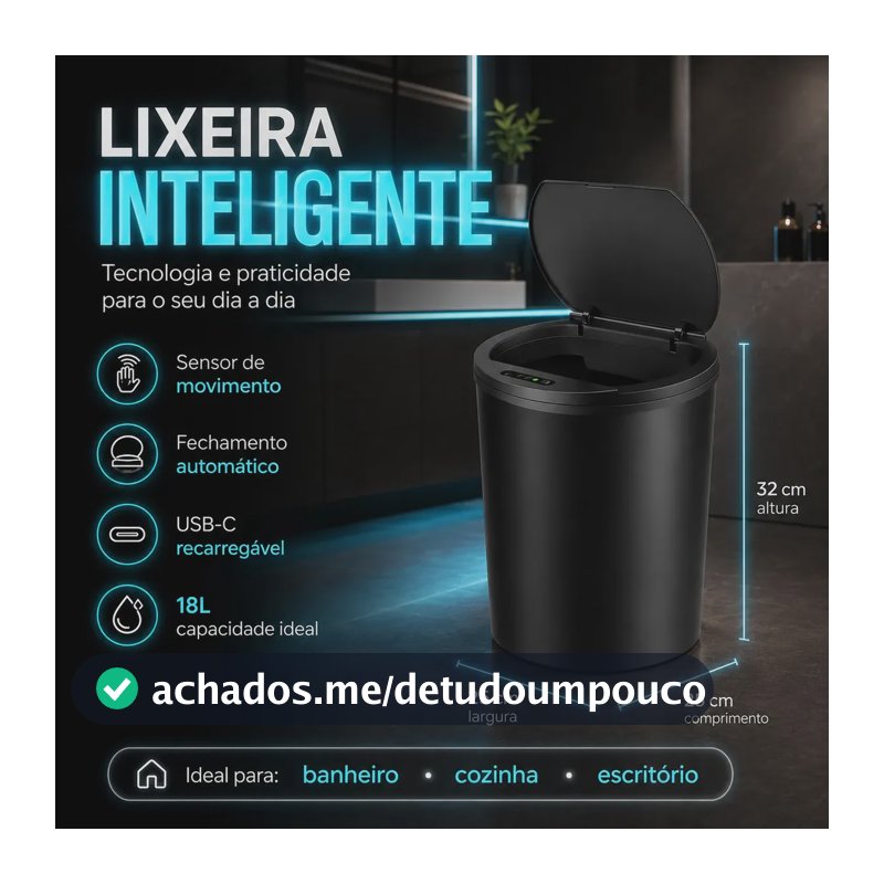 Lixeira Inteligente Automática Preta Universal Com Sensor Lumi Recarregável Anti Odor 16l