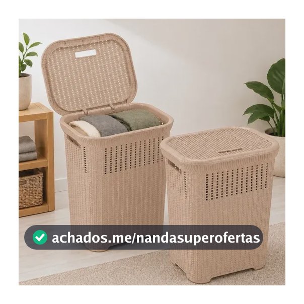 Cesto De Roupa Rattan 50l Com Tampa Basculada Grande Giplast Nude